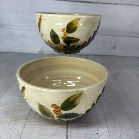 Home Trends SHADOWWOOD Tan Stoneware Leaves Flowers Large All Purpose Bowl Set 2 - Picture 4 of 16